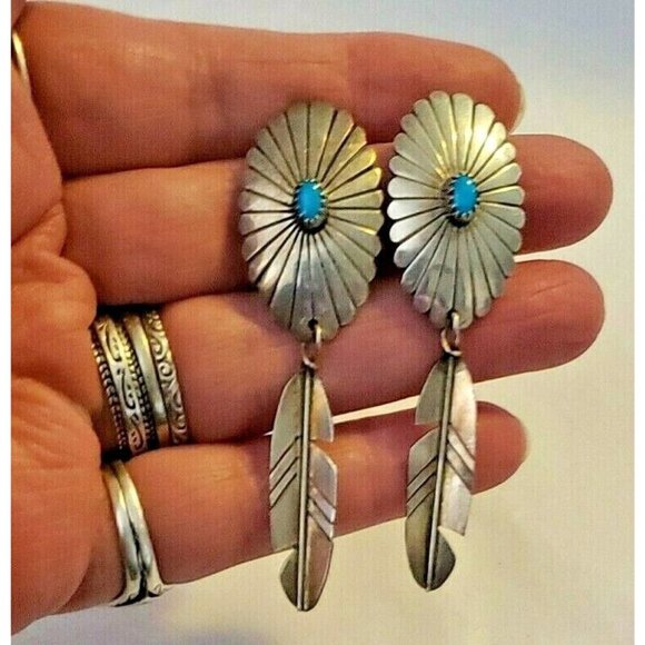 Navajo Concho Feather silver turquoise earrings NAE 1094 - Picture 2 of 5